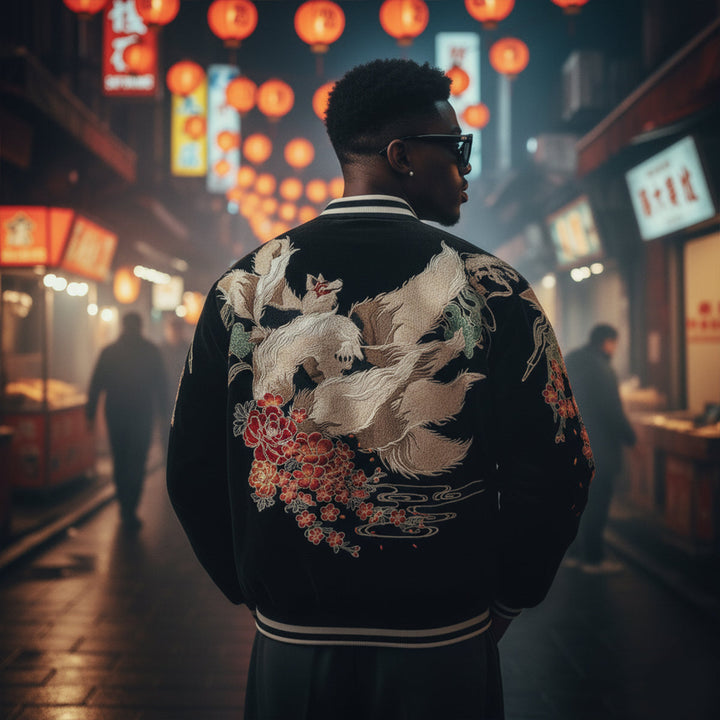 Kitsune Spirit Sukajan Bomber Jacket (Black &amp; Red)