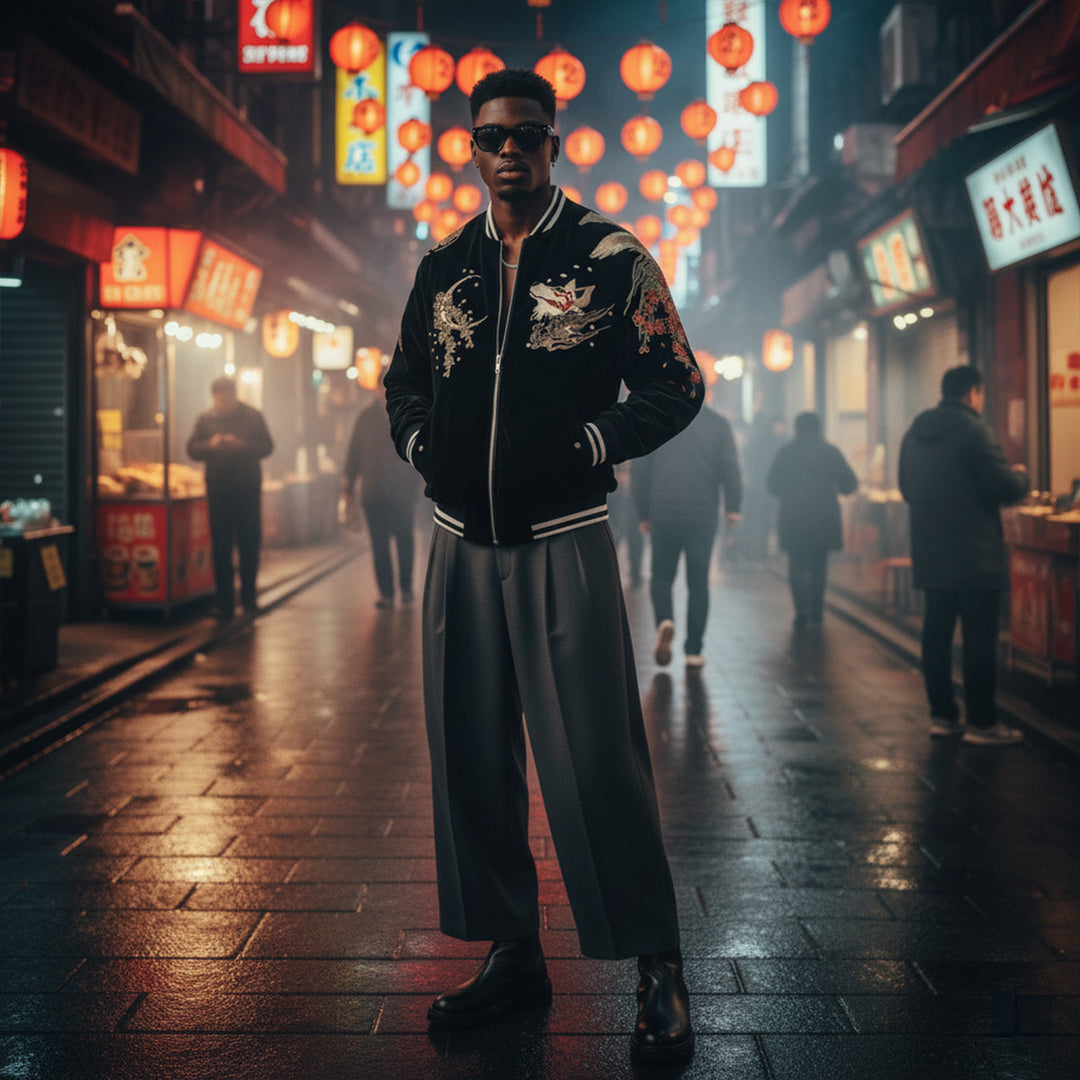 Kitsune Spirit Sukajan Bomber Jacket (Black &amp; Red)