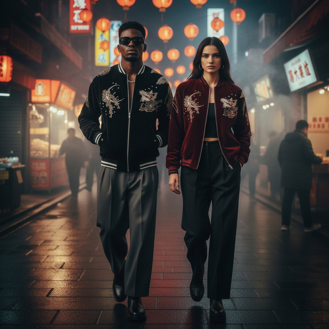 Kitsune Spirit Sukajan Bomber Jacket (Black &amp; Red)