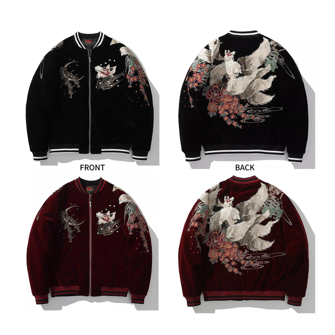 Kitsune Spirit Sukajan Bomber Jacket (Black &amp; Red)
