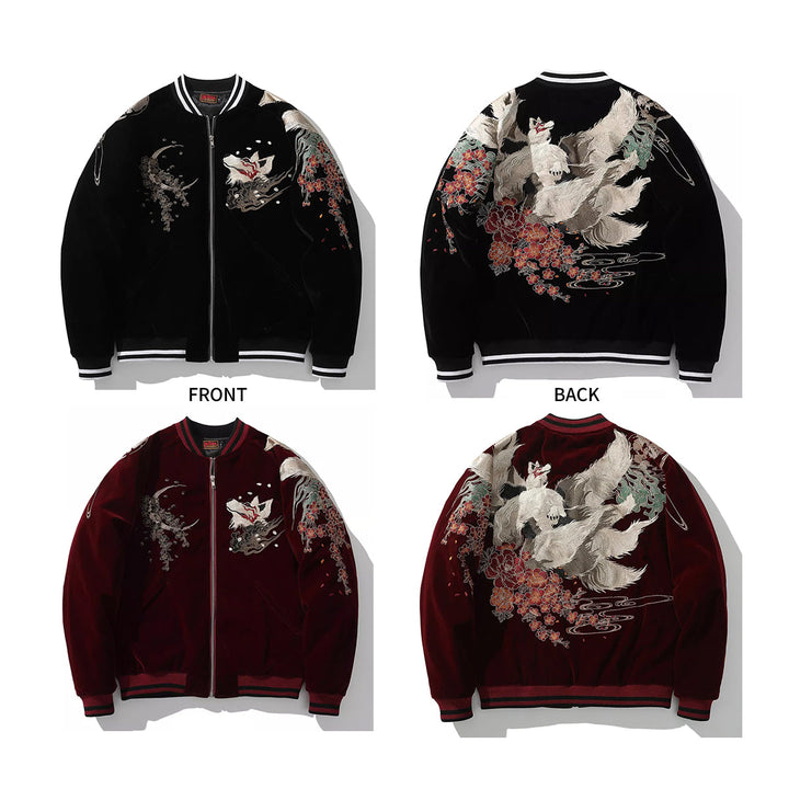 Kitsune Spirit Sukajan Bomber Jacket (Black &amp; Red)