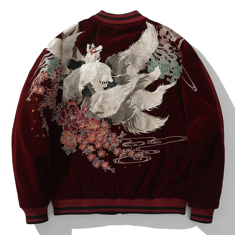 Kitsune Spirit Sukajan Bomber Jacket (Black &amp; Red)