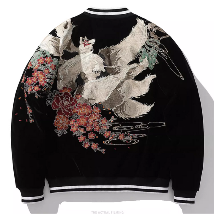 Kitsune Spirit Sukajan Bomber Jacket (Black &amp; Red)