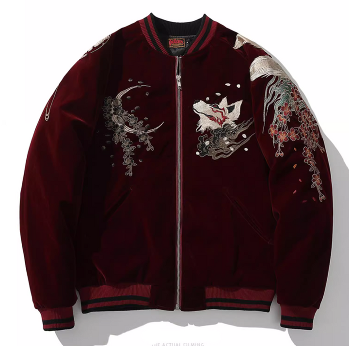 Kitsune Spirit Sukajan Bomber Jacket (Black &amp; Red)