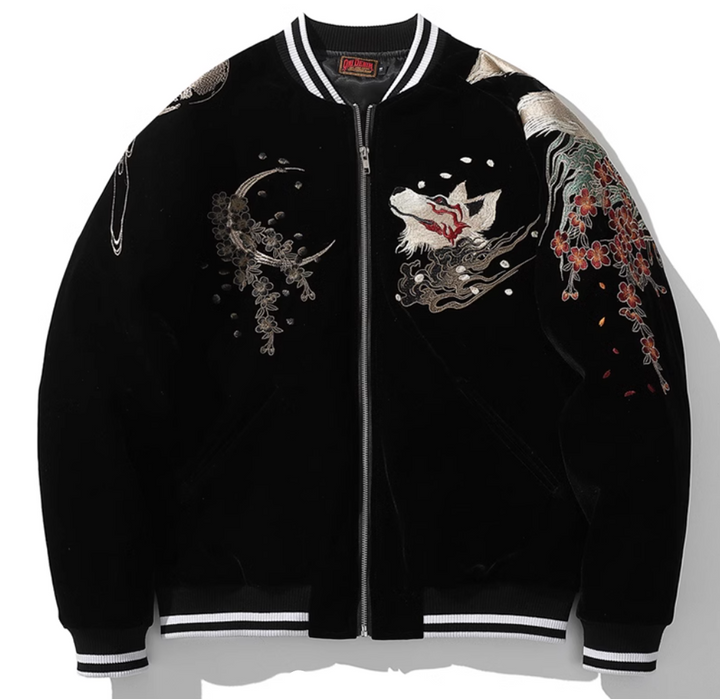 Kitsune Spirit Sukajan Bomber Jacket (Black &amp; Red)